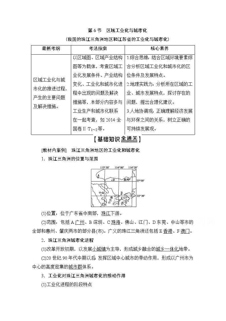 2020版新一线高考地理（湘教版）一轮复习教学案：第3部分第10章第6节区域工业化与城市化（我国的珠江三角洲地区和江苏省的工业化与城市化）01
