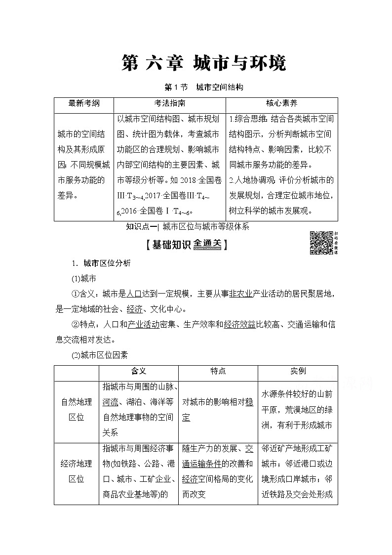 2020版新一线高考地理（湘教版）一轮复习教学案：第2部分第6章第1节城市空间结构01