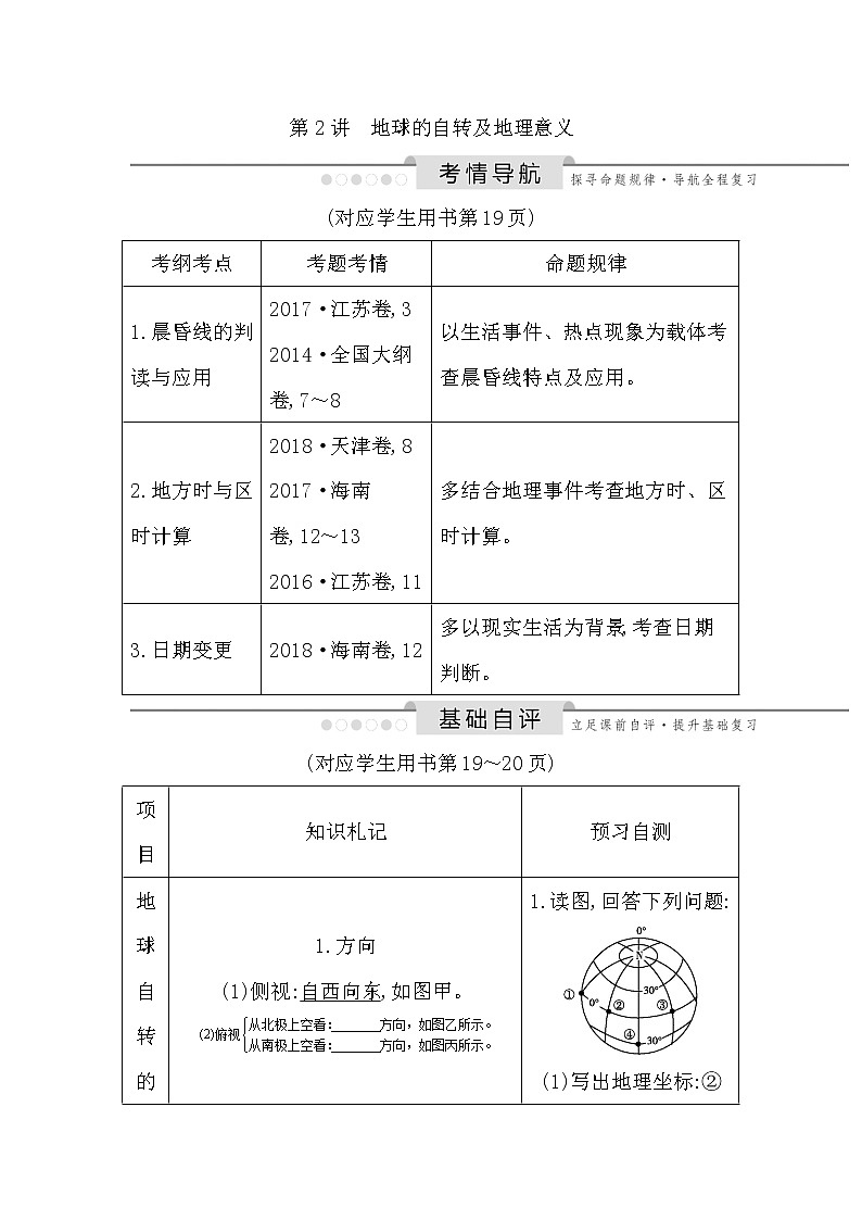 2020《导与练》高考人教版地理一轮复习讲义：第一章第2讲　地球的自转及地理意义讲义01