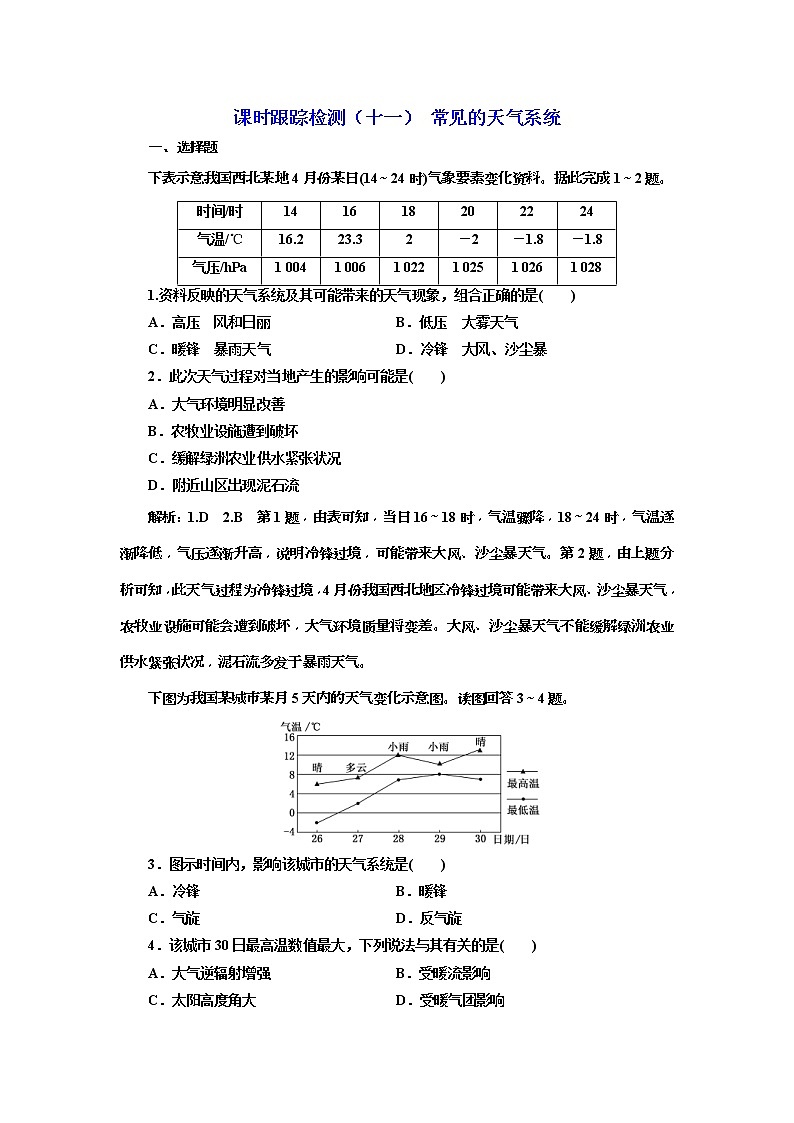 2020版三维设计高三地理一轮复习课时跟踪检测：11《常见的天气系统》(含解析)01