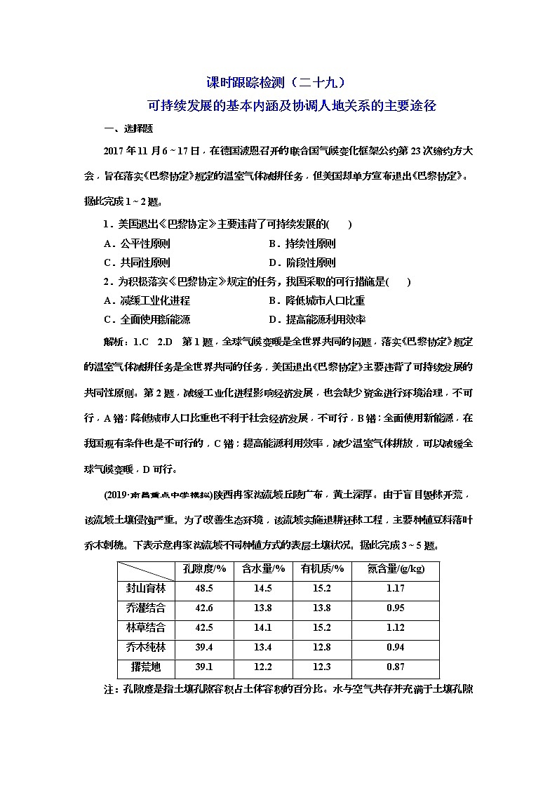 2020版三维设计高三地理一轮复习课时跟踪检测：29《可持续发展的基本内涵及协调人地关系的主要途径》(含解析)01