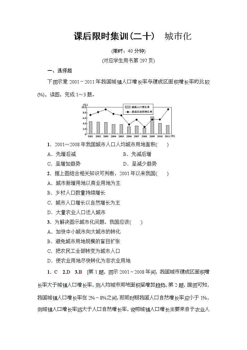 2019届高考地理一轮复习课后集训20《城市化》(含解析) 试卷01