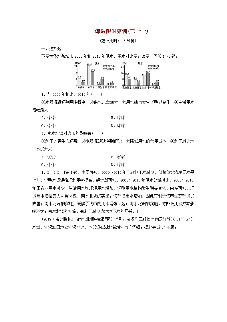 (鲁教版)2020版高考地理一轮复习课后限时集训31《资源的跨区域调配__以南水北调为例》(含解析) 学案01