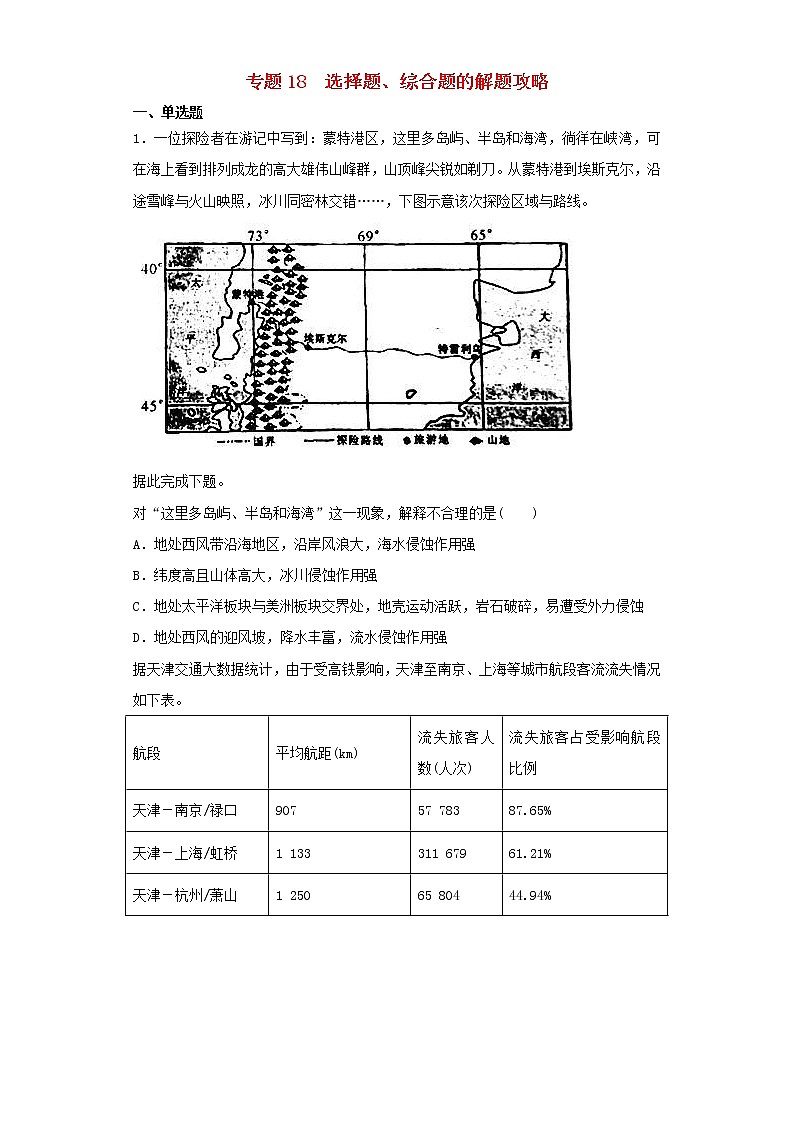 2019届高考地理二轮复习专题18选择题综合题的解题攻略 专项训练（含解析）01
