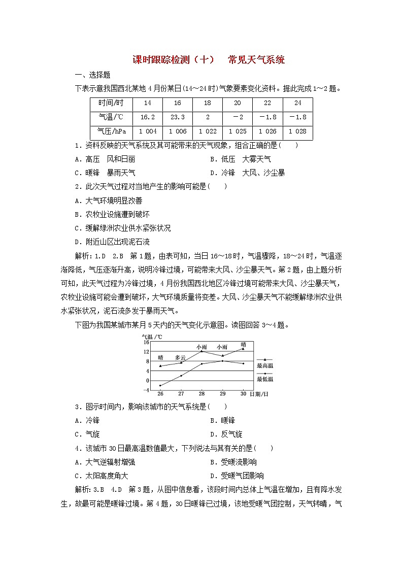 2020版高考地理一轮复习课时跟踪检测10常见天气系统（含解析）01