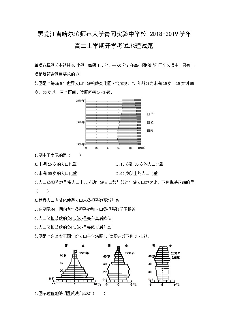 【地理】黑龙江省哈尔滨师范大学青冈实验中学校2018-2019学年高二上学期开学考试试题01