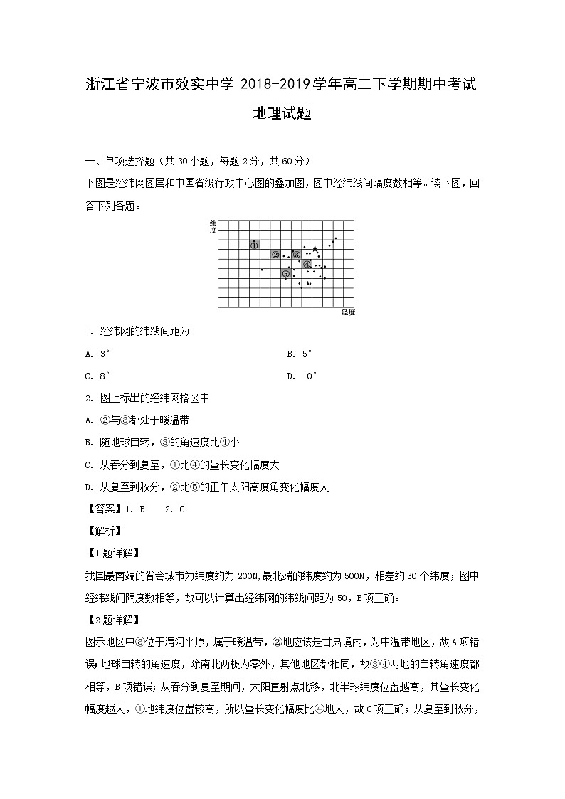 【地理】浙江省宁波市效实中学2018-2019学年高二下学期期中考试试题（解析版）01