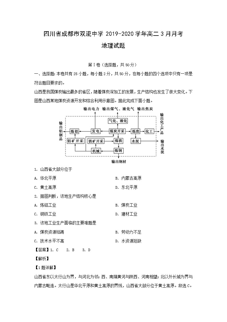 【地理】四川省成都市双流中学2019-2020学年高二3月月考试题（解析版）01