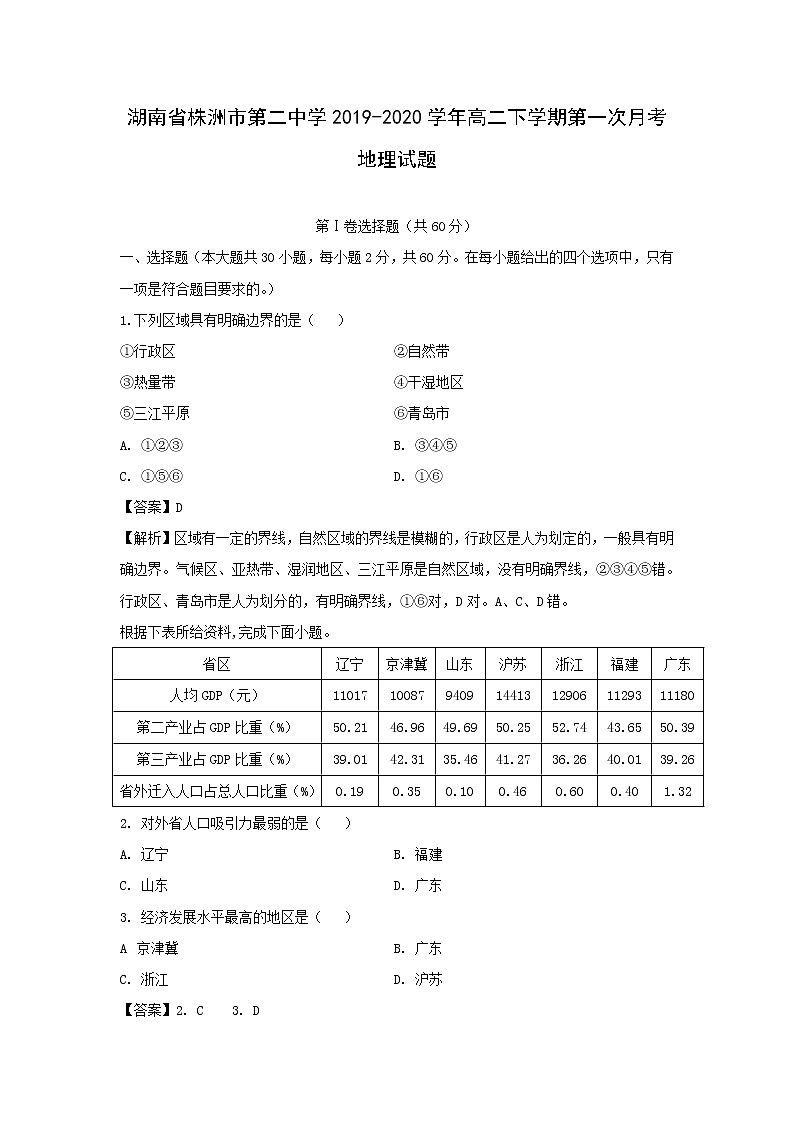 【地理】湖南省株洲市第二中学2019-2020学年高二下学期第一次月考试题（解析版）01