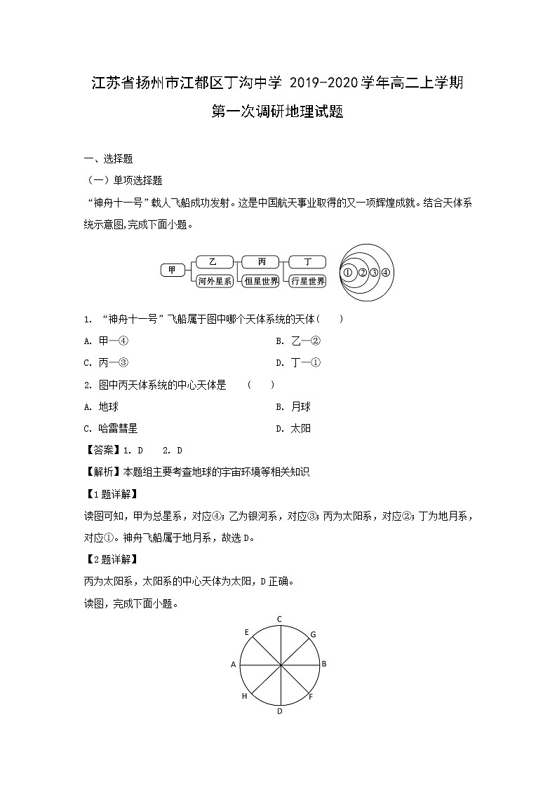 【地理】江苏省扬州市江都区丁沟中学2019-2020学年高二上学期第一次调研试题（解析版）01