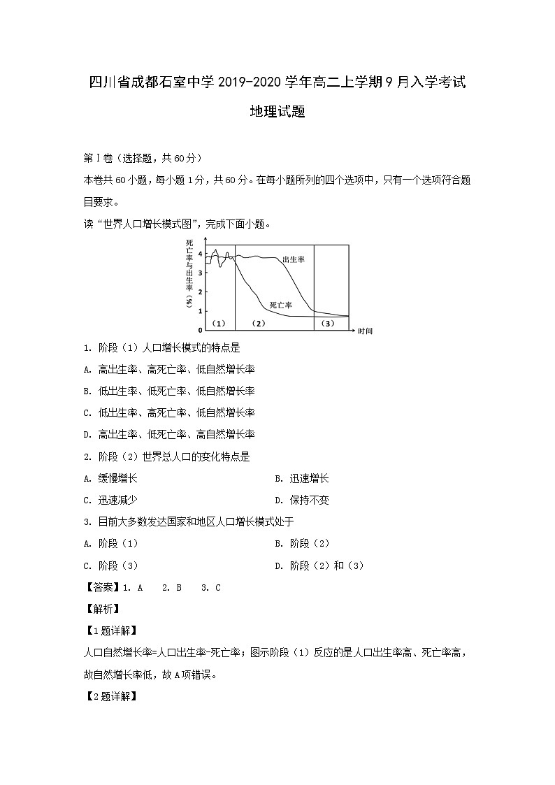 【地理】四川省成都石室中学2019-2020学年高二上学期9月入学考试试题（解析版）01
