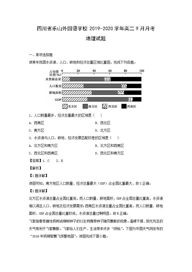 【地理】四川省乐山外国语学校2019-2020学年高二9月月考试题（解析版）01