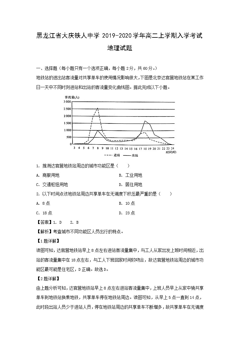 【地理】黑龙江省大庆铁人中学2019-2020学年高二上学期入学考试试题（解析版）01