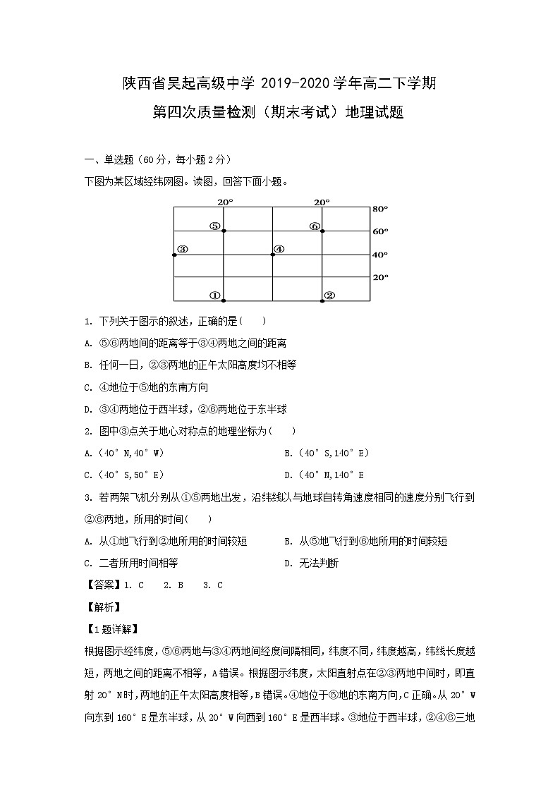 【地理】陕西省吴起高级中学2019-2020学年高二下学期第四次质量检测（期末考试）试题（解析版）第1页