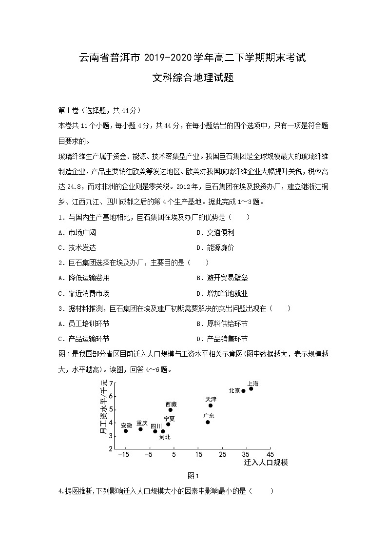 【地理】云南省普洱市2019-2020学年高二下学期期末考试文科综合试题01