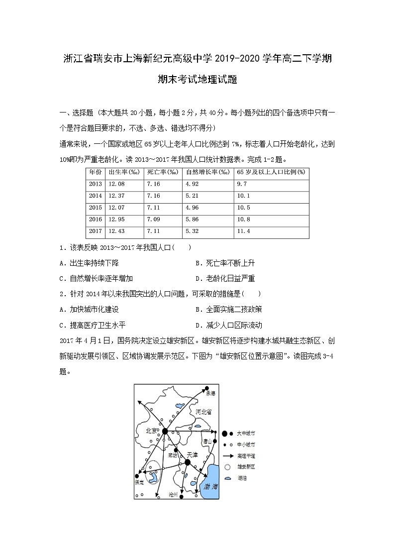 【地理】浙江省瑞安市上海新纪元高级中学2019-2020学年高二下学期期末考试试题（解析版）第1页
