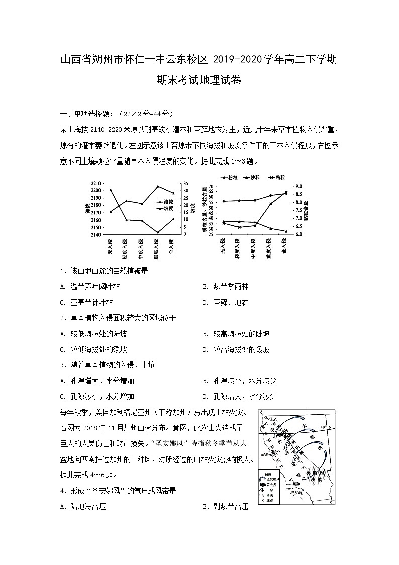 【地理】山西省朔州市怀仁一中云东校区2019-2020学年高二下学期期末考试试卷第1页