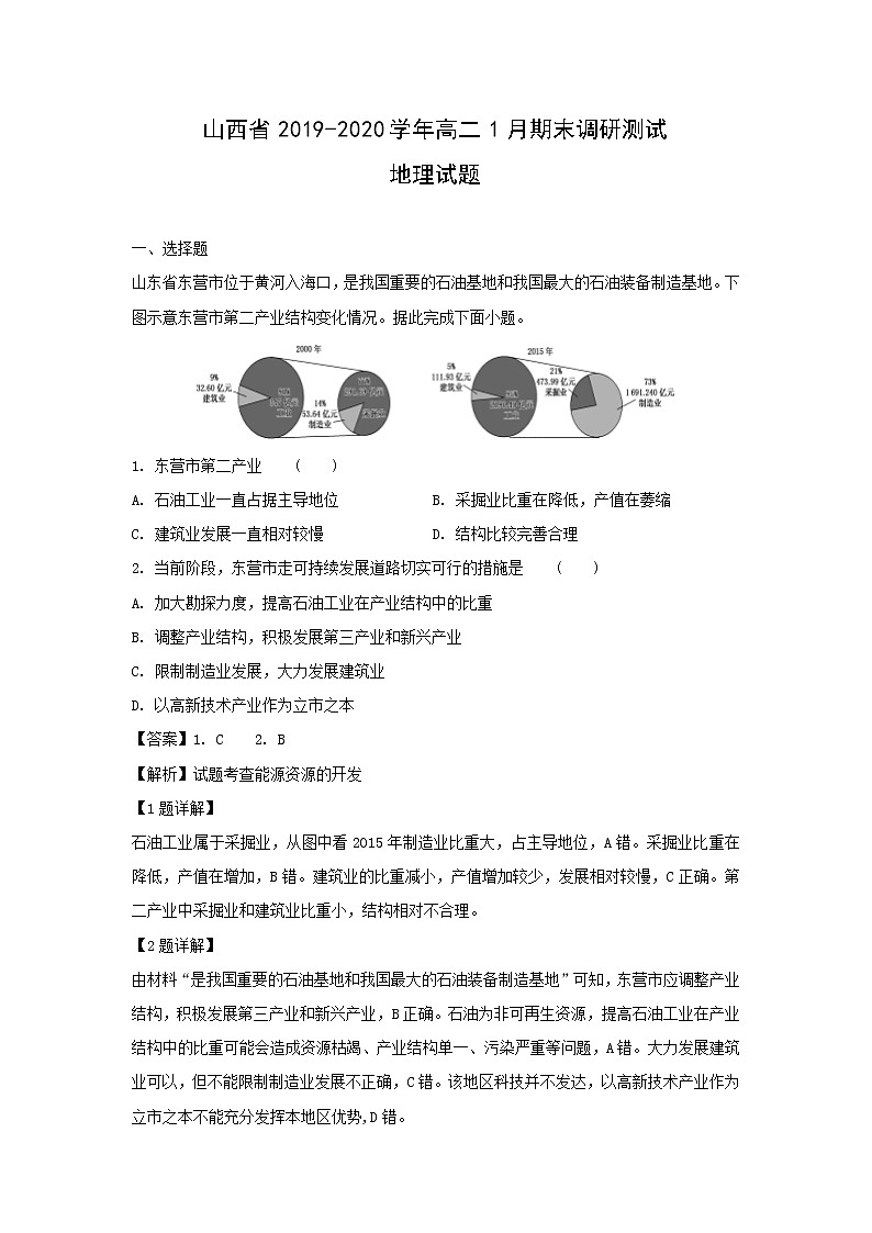 【地理】山西省2019-2020学年高二1月期末调研测试试题（解析版）01