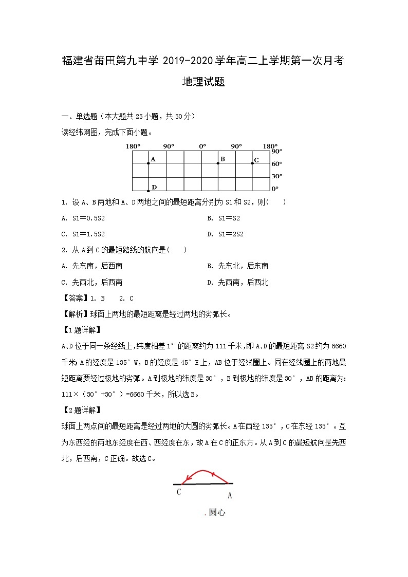 【地理】福建省莆田第九中学2019-2020学年高二上学期第一次月考试题（解析版）01
