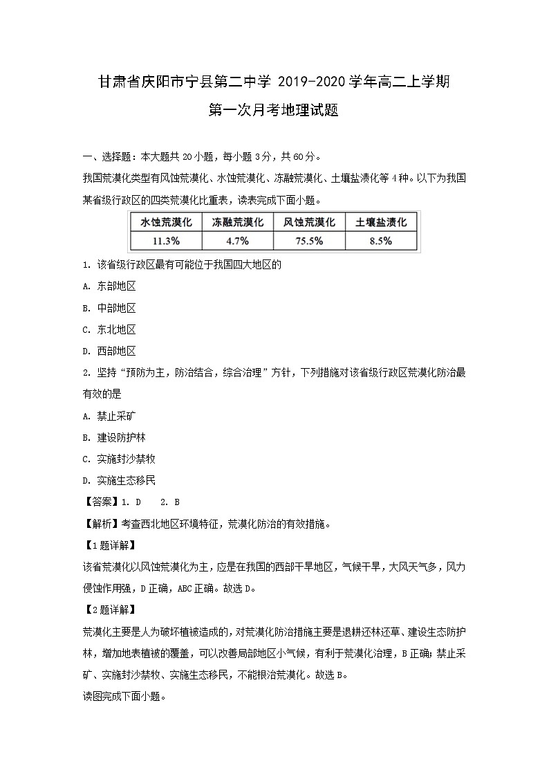 【地理】甘肃省庆阳市宁县第二中学2019-2020学年高二上学期第一次月考试题（解析版）01