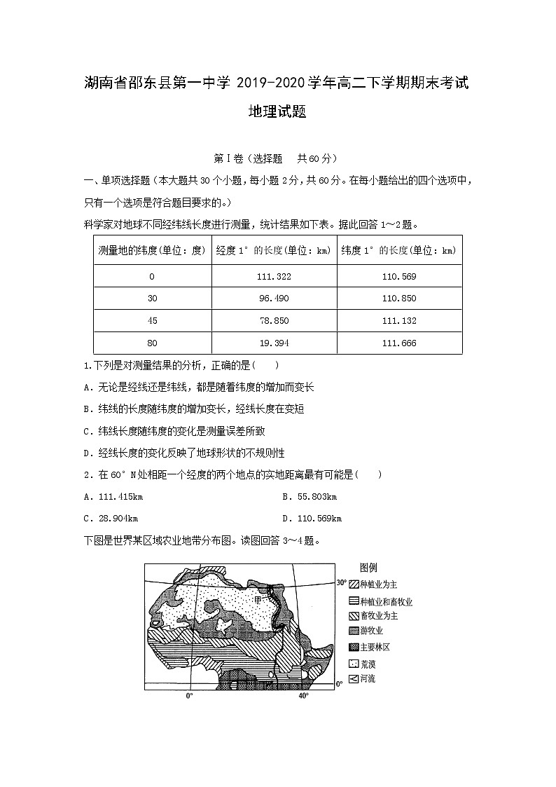 【地理】湖南省邵东县第一中学2019-2020学年高二下学期期末考试试题01