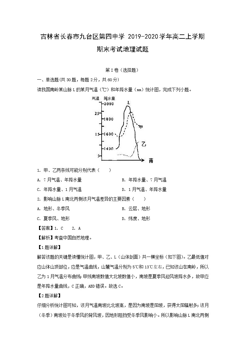 【地理】吉林省长春市九台区第四中学2019-2020学年高二上学期期末考试试题（解析版）01