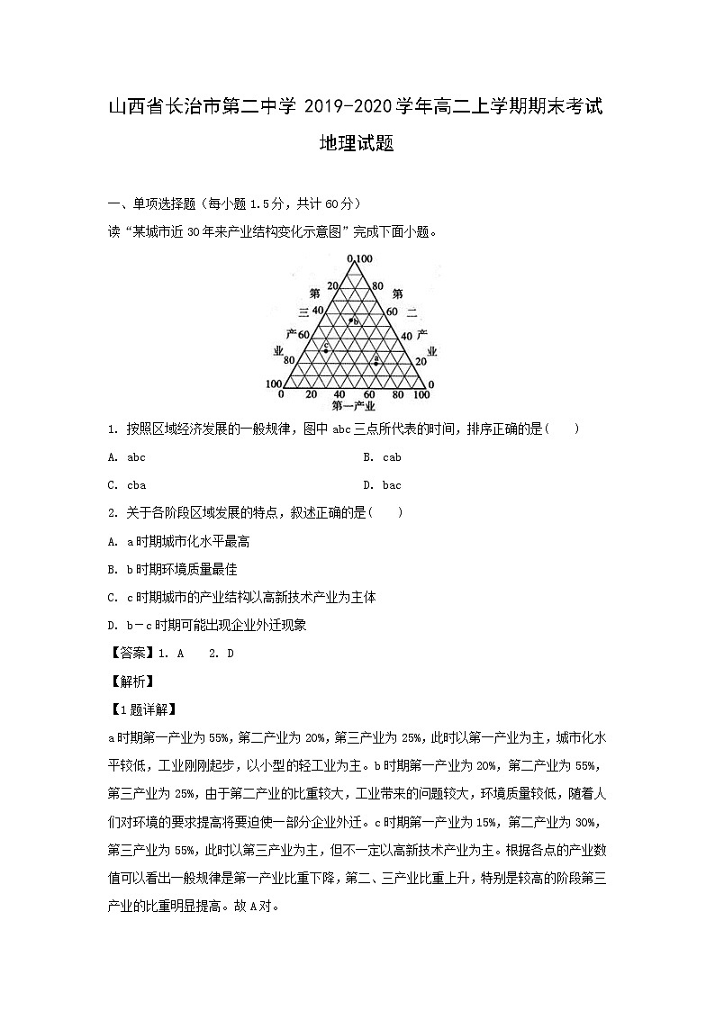 【地理】山西省长治市第二中学2019-2020学年高二上学期期末考试试题（解析版）01