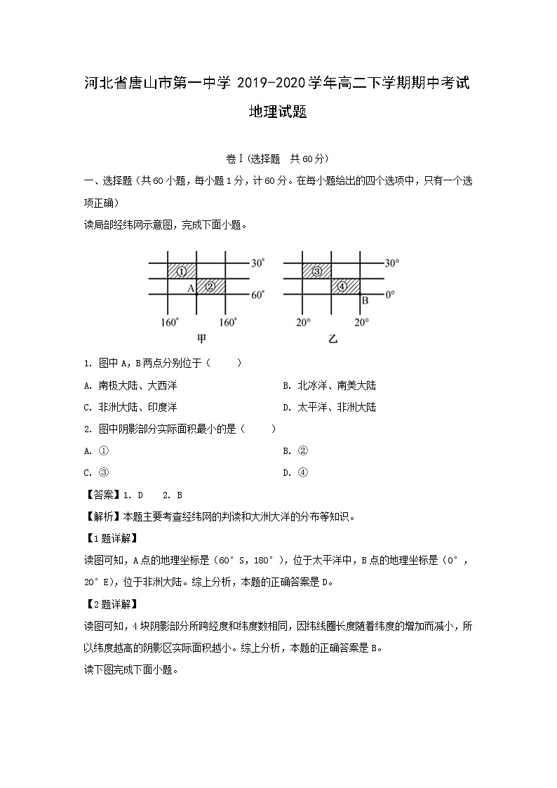 【地理】河北省唐山市第一中学2019-2020学年高二下学期期中考试试题（解析版）01