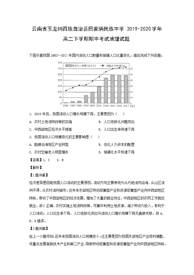 【地理】云南省玉龙纳西族自治县田家炳民族中学2019-2020学年高二下学期期中考试试题（解析版）01