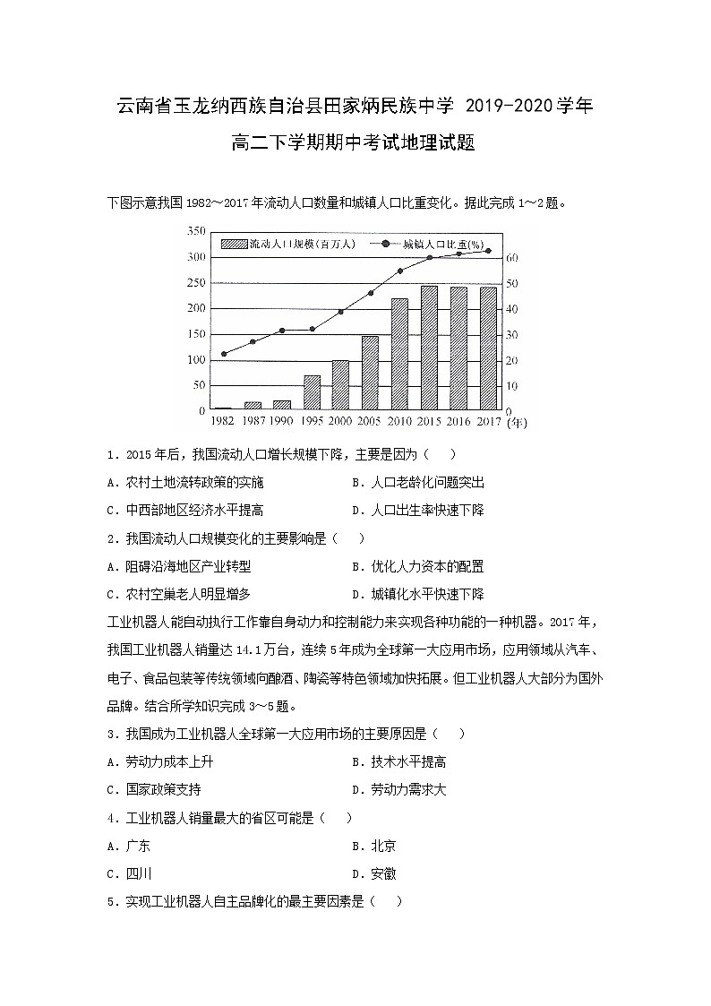 【地理】云南省玉龙纳西族自治县田家炳民族中学2019-2020学年高二下学期期中考试试题01