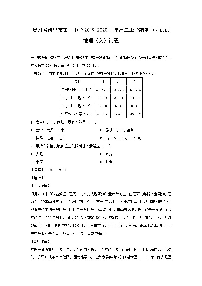 【地理】贵州省凯里市第一中学2019-2020学年高二上学期期中考试试（文）试题（解析版）01