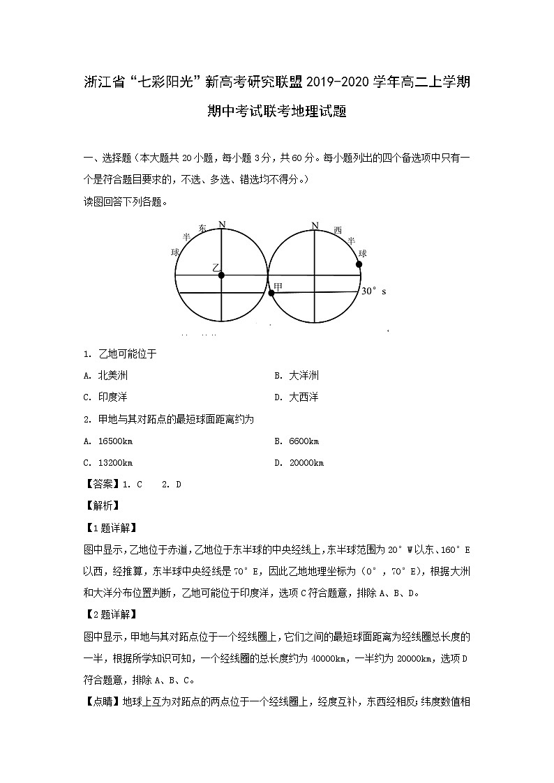 【地理】浙江省“七彩阳光”新高考研究联盟2019-2020学年高二上学期期中考试联考试题（解析版）01