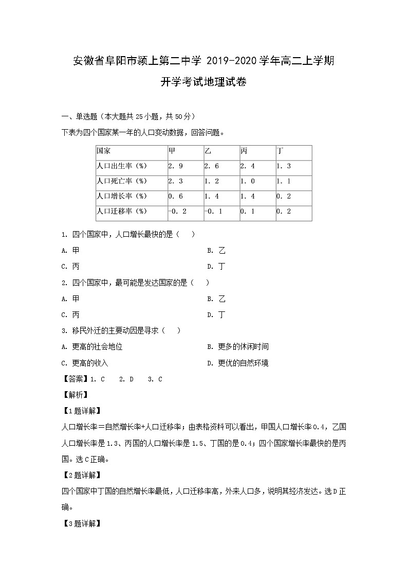 【地理】安徽省阜阳市颍上第二中学2019-2020学年高二上学期开学考试试卷（解析版）01