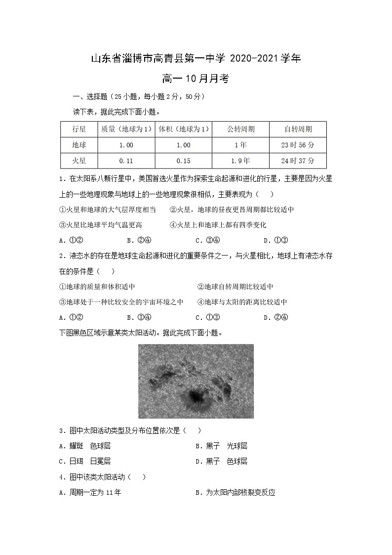 【地理】山东省淄博市高青县第一中学2020-2021学年高一10月月考（解析版） 试卷01