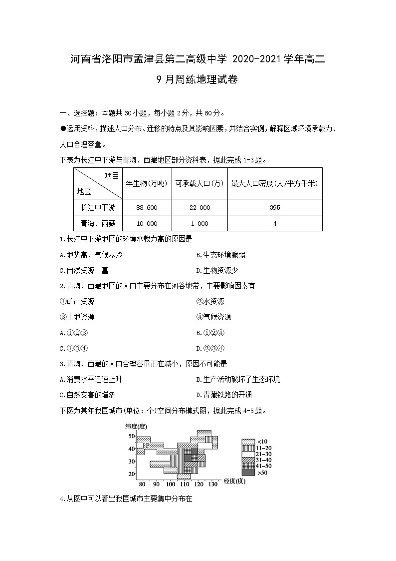 【地理】河南省洛阳市孟津县第二高级中学2020-2021学年高二9月周练试卷第1页