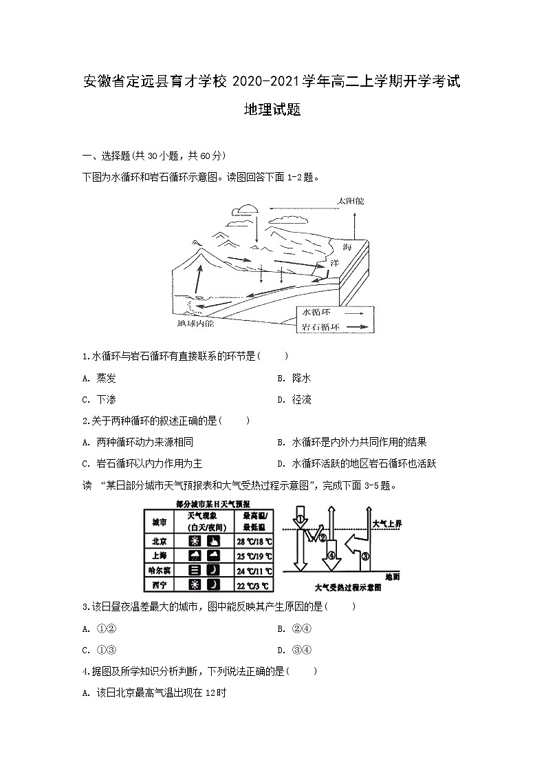 【地理】安徽省定远县育才学校2020-2021学年高二上学期开学考试试题01