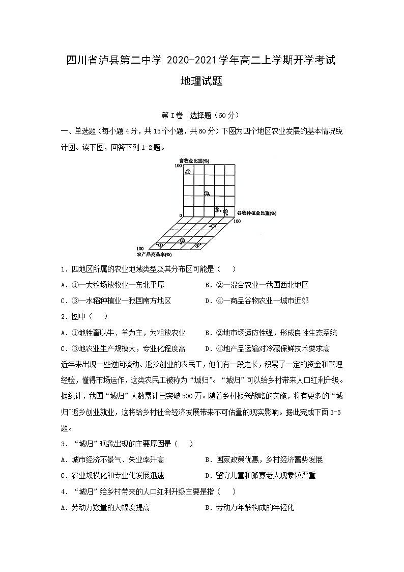 【地理】四川省泸县第二中学2020-2021学年高二上学期开学考试试题01