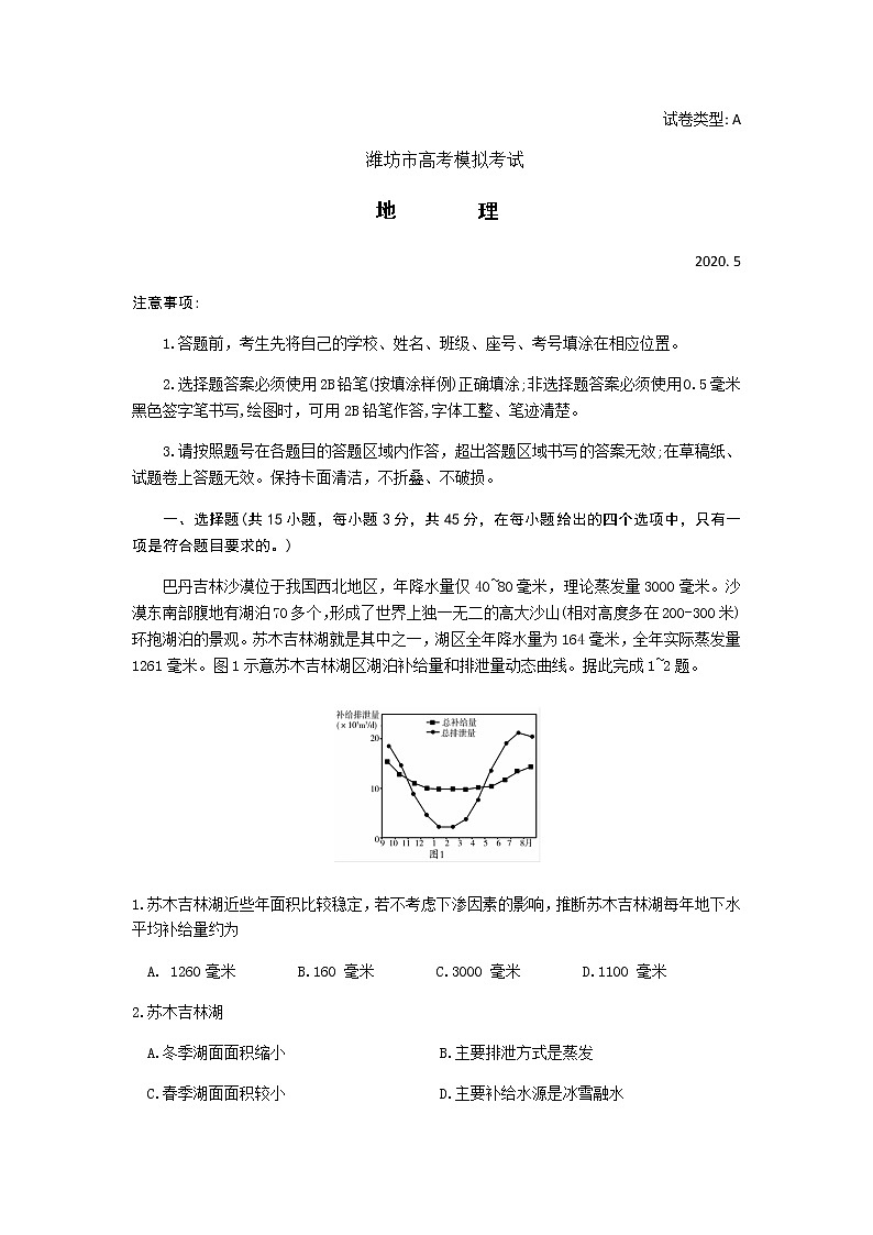 山东省潍坊市2020届高考模拟（二模）地理试题01