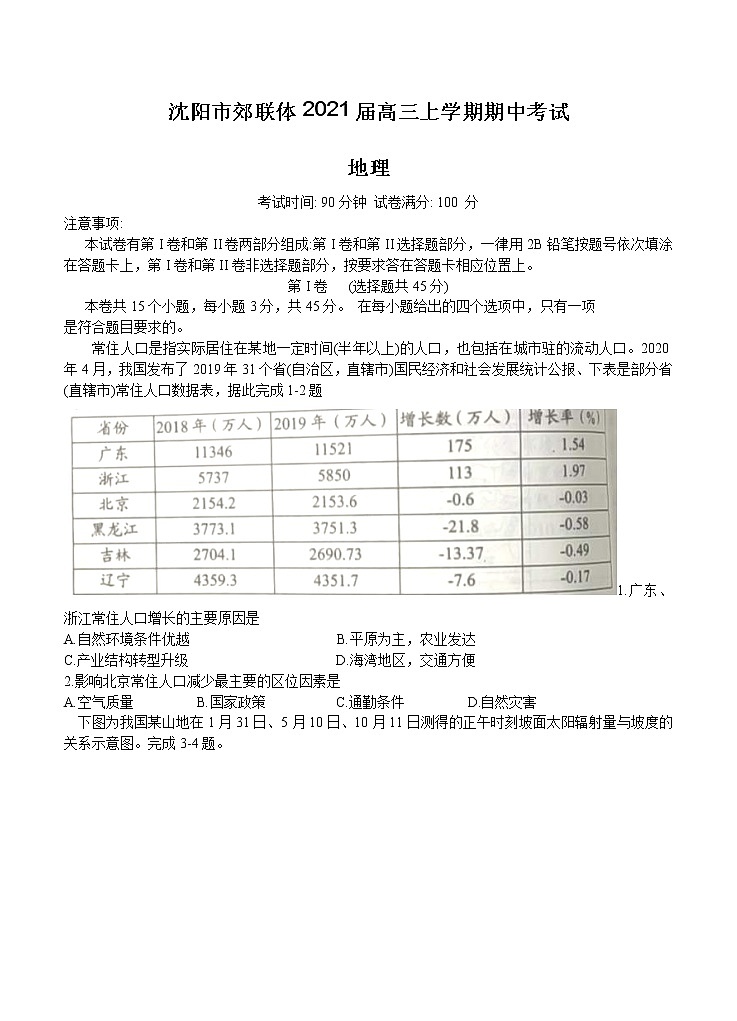 辽宁省沈阳市郊联体2021届高三上学期期中考试 地理(含答案)01