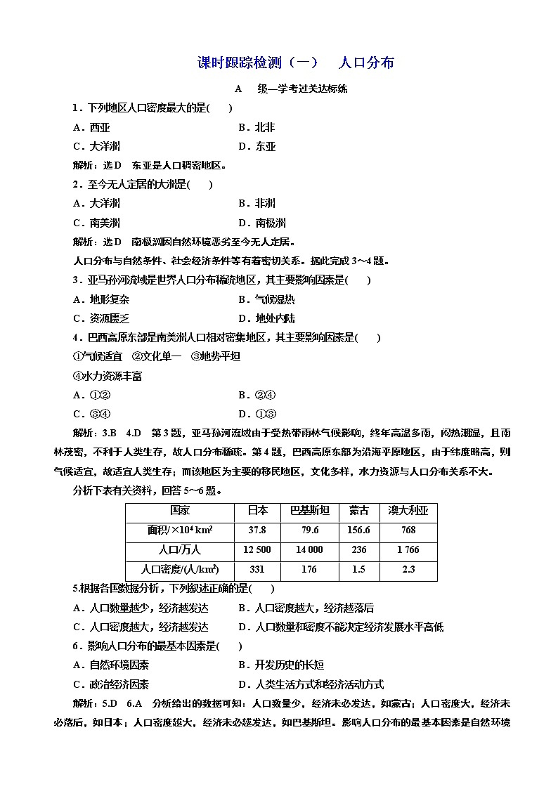 （新教材）2019-2020学年新课程同步人教版地理必修第二册课时跟踪检测（一） 人口分布01