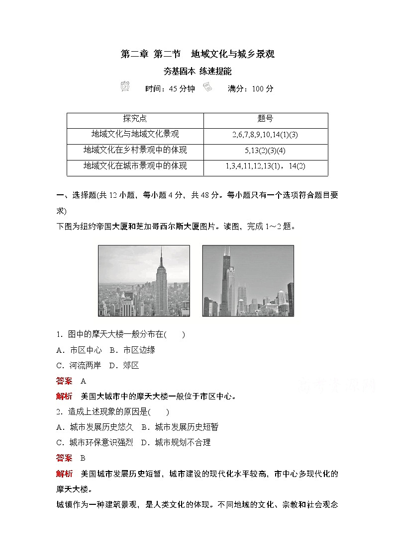 （新教材）2020高中地理中图必修第二册训练：第二章第二节　地域文化与城乡景观01