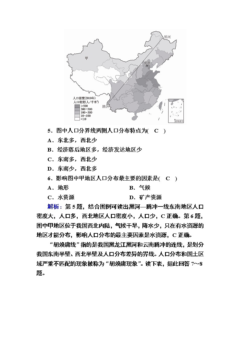 2020-2021学年高中地理新教材中图版必修第二册巩固练案：1-1 人口分布的特点及影响因素03