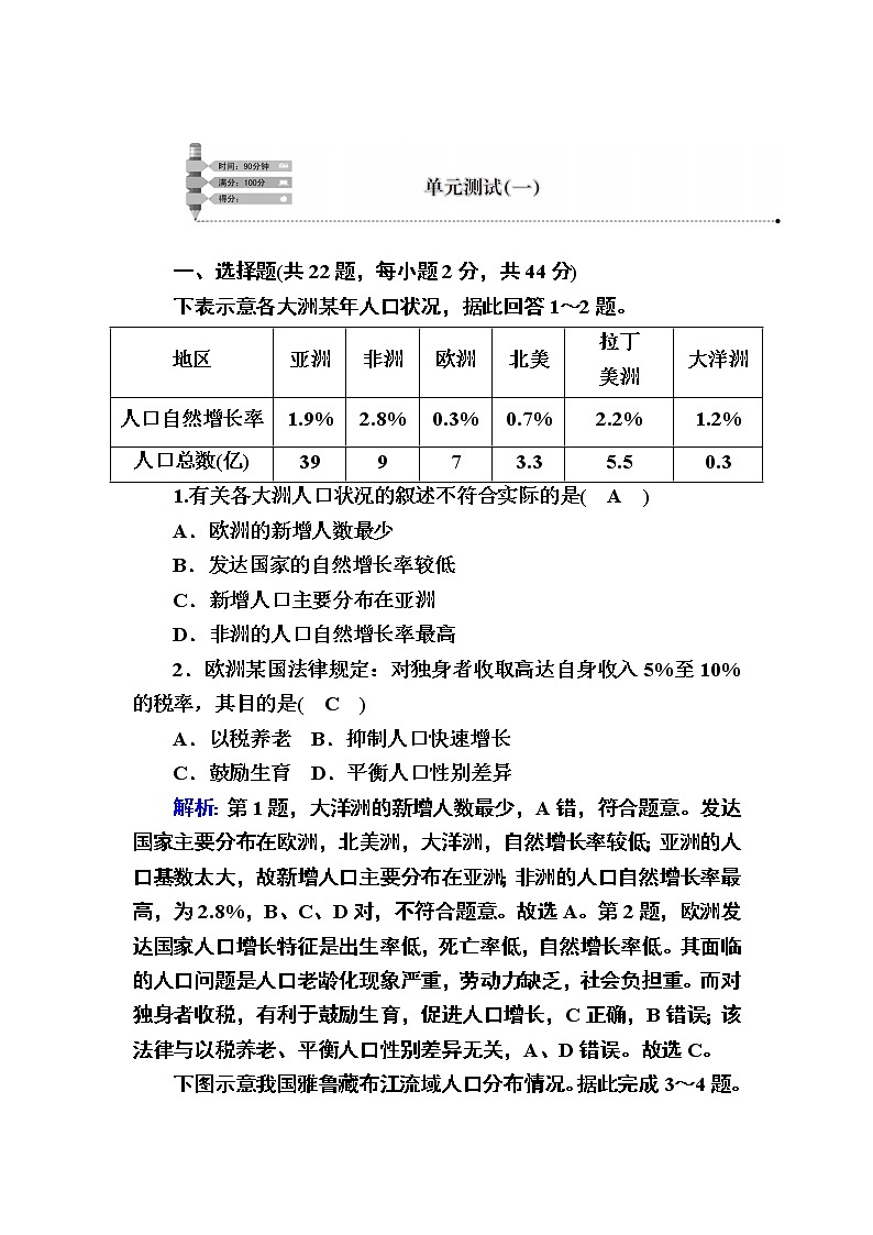 2020-2021学年高中地理新教材中图版必修第二册巩固练案：单元测试 第一章　人口分布、迁移与合理容量01