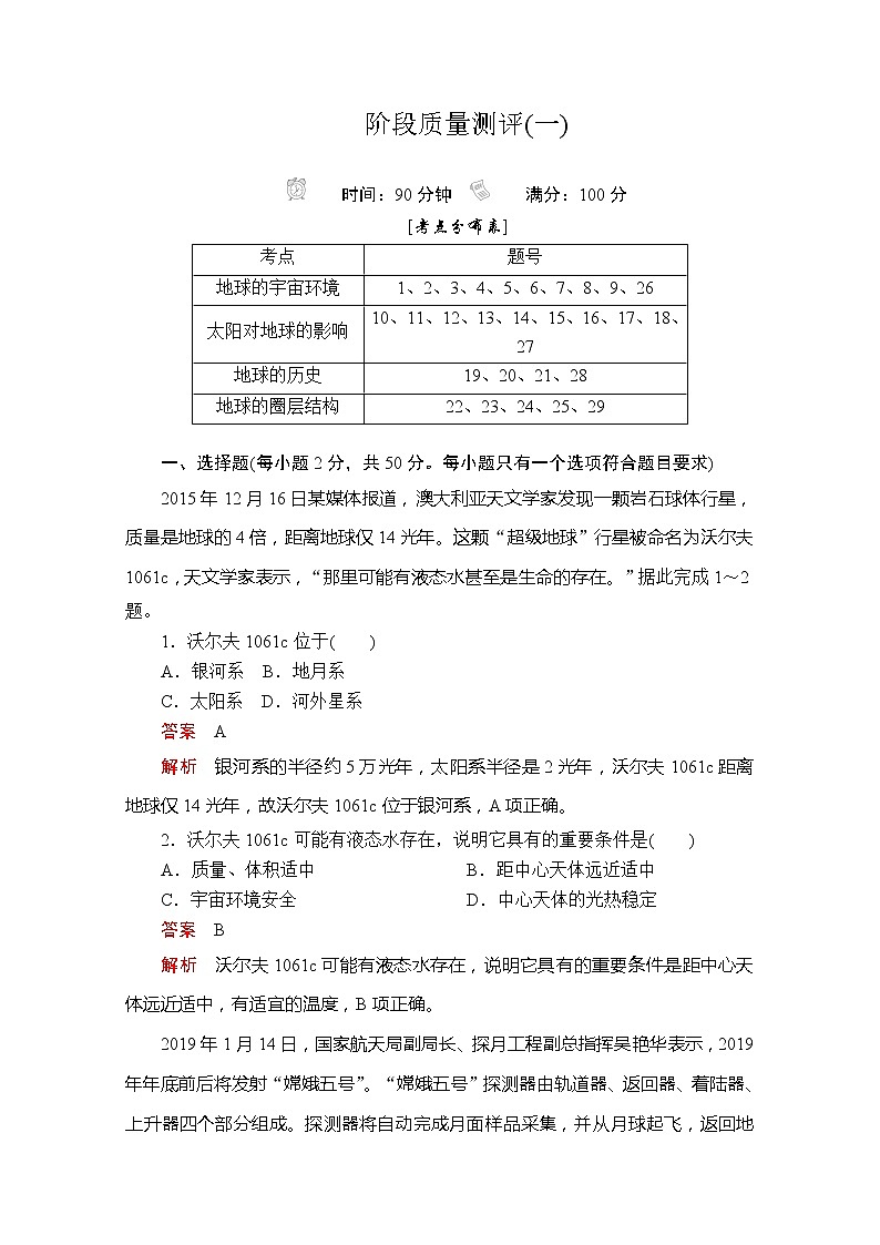2020地理新教材同步导学提分教程人教第一册讲义+测试：第一章阶段质量测评(一)01