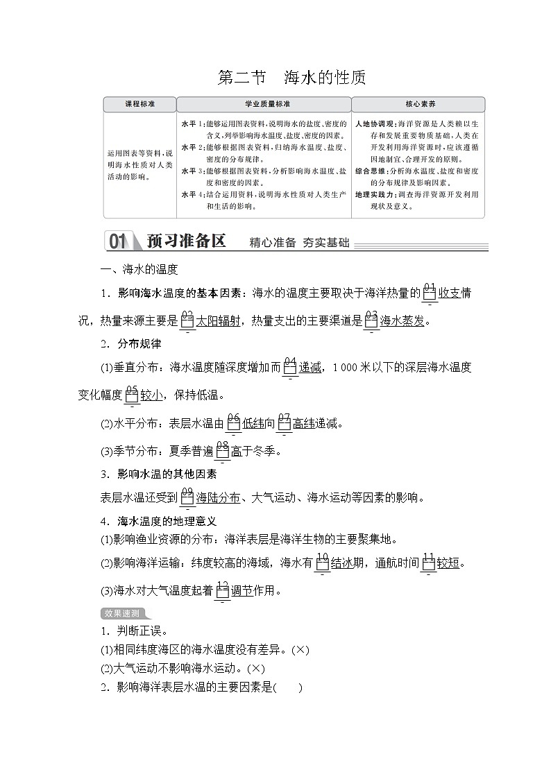 2020地理新教材同步导学提分教程人教第一册讲义+测试：第三章第二节　海水的性质01