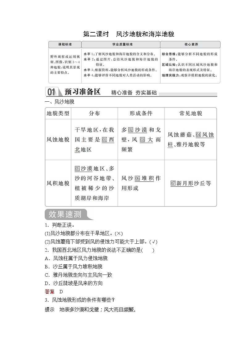 2020地理新教材同步导学提分教程人教第一册讲义+测试：第四章第一节第二课时　风沙地貌和海岸地貌01