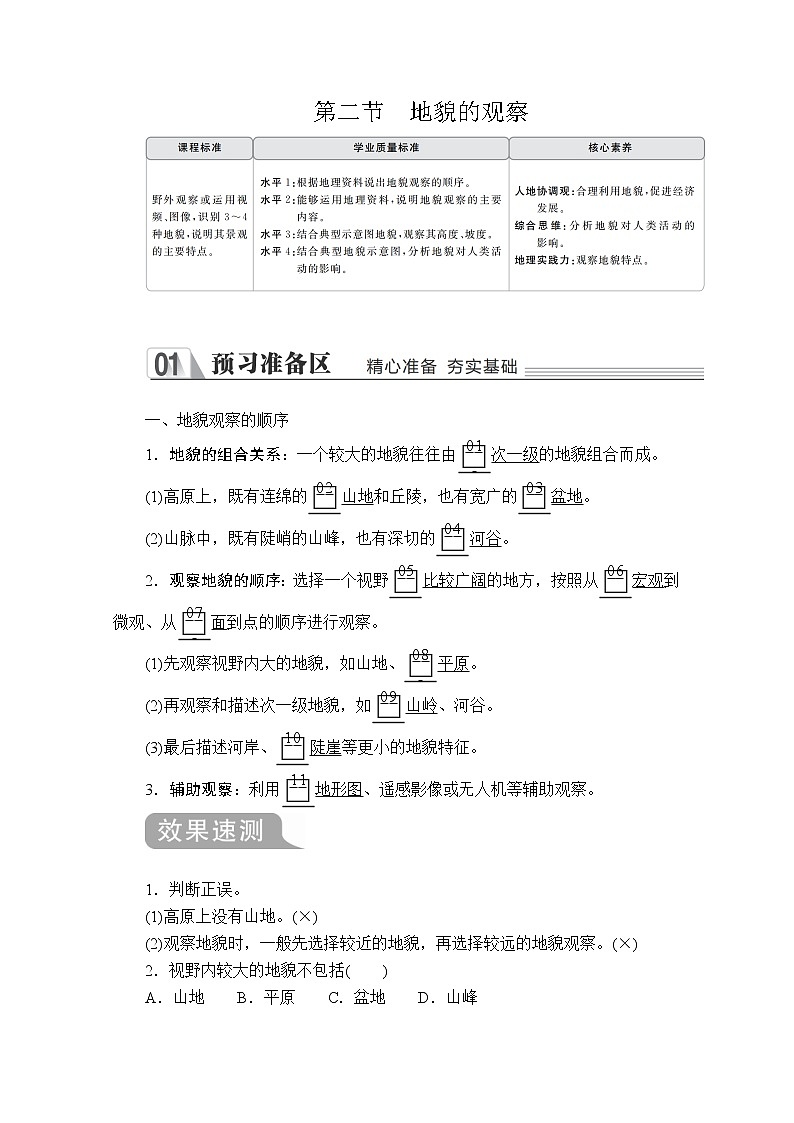2020地理新教材同步导学提分教程人教第一册讲义+测试：第四章第二节　地貌的观察01