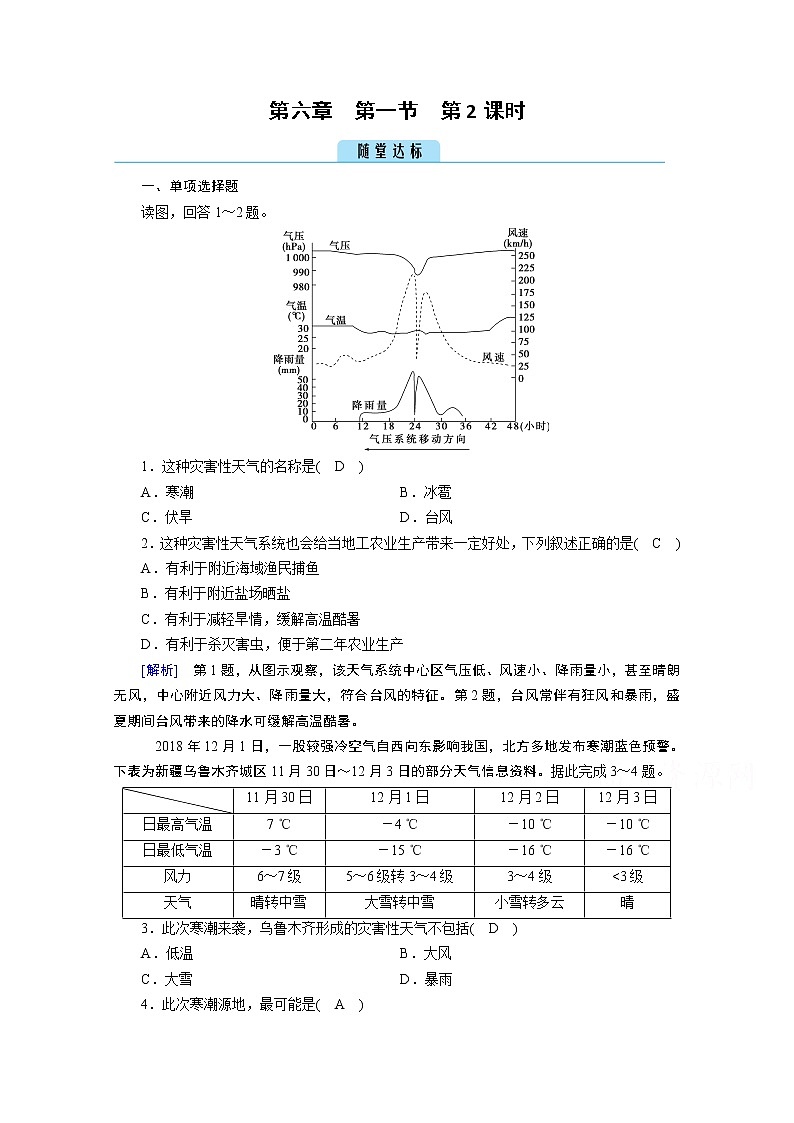 2020秋地理新教材人教版必修第一册课时作业：第6章第1节第2课时台风灾害和寒潮灾害达标 练习01