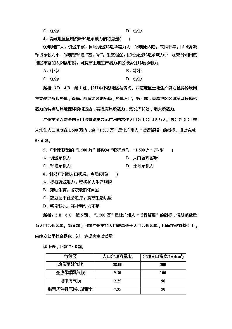 （新教材）2019-2020学年新课程同步鲁教版地理必修第二册学案课时跟踪检测（三）人口合理容量02