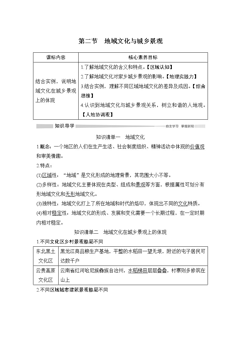 （新教材）2019-2020学年鲁教版地理必修第二册同步学案讲义练习：第二单元乡村与城镇第二节　地域文化与城乡景观01